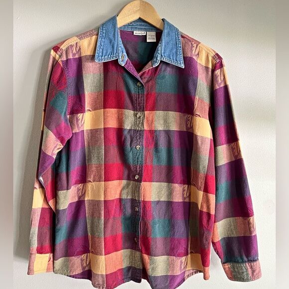Vintage NorthCrest Plaid Flannel Shirt Denim Collar Multicolor 90s Grunge M-L - Picture 1 of 5